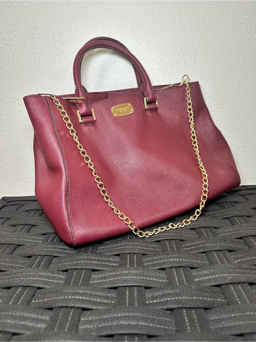 Michael Kors Burgundy Satchel Handbag with Gold-Tone Chain